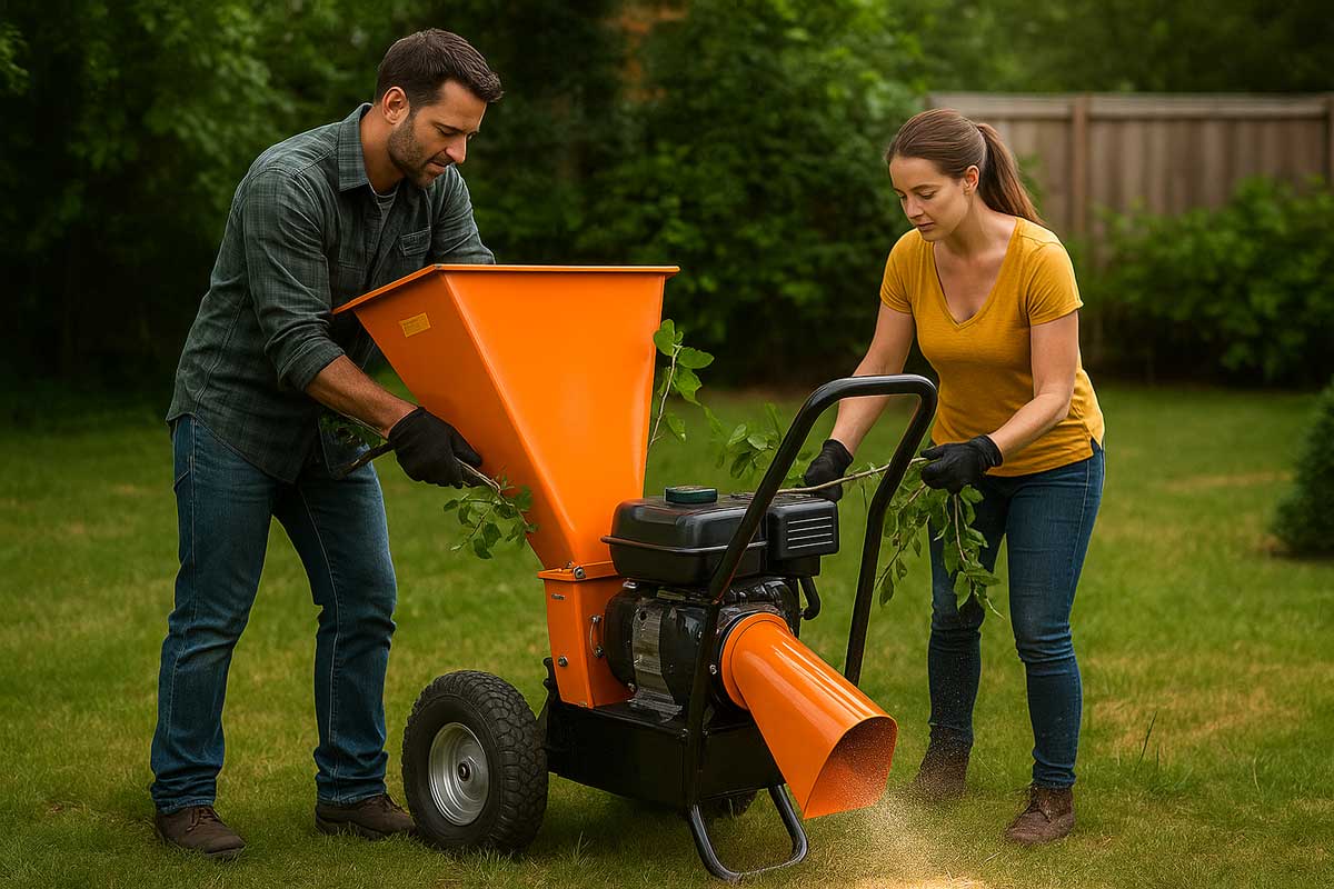Una pareja utiliza una biotrituradora industrial de color naranja en un jardín para triturar ramas y restos vegetales. Este equipo compacto facilita el reciclaje de residuos orgánicos y la producción de compost. Ideal para trabajos de jardinería doméstica o profesional.